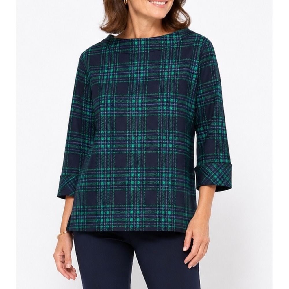 Talbots Plus 2X Navy Green Plaid Boat Neck 3/4 Sleeve Tunic Blouse Zipper Back